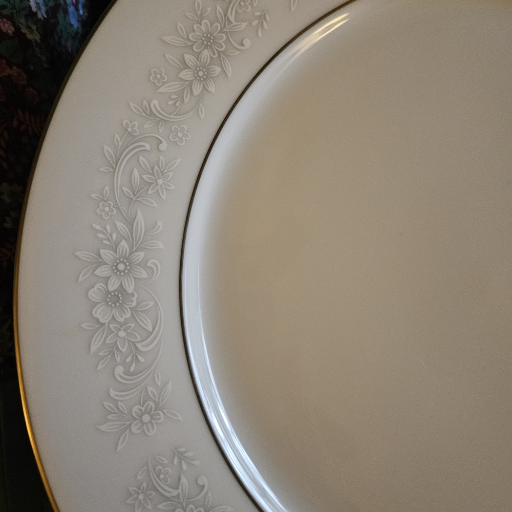 Noritake White On Gray Floral 8 Place China Setting with Silver Trim